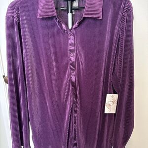 Truself  Purple Pleated Satin Button-Down Shirt 2X